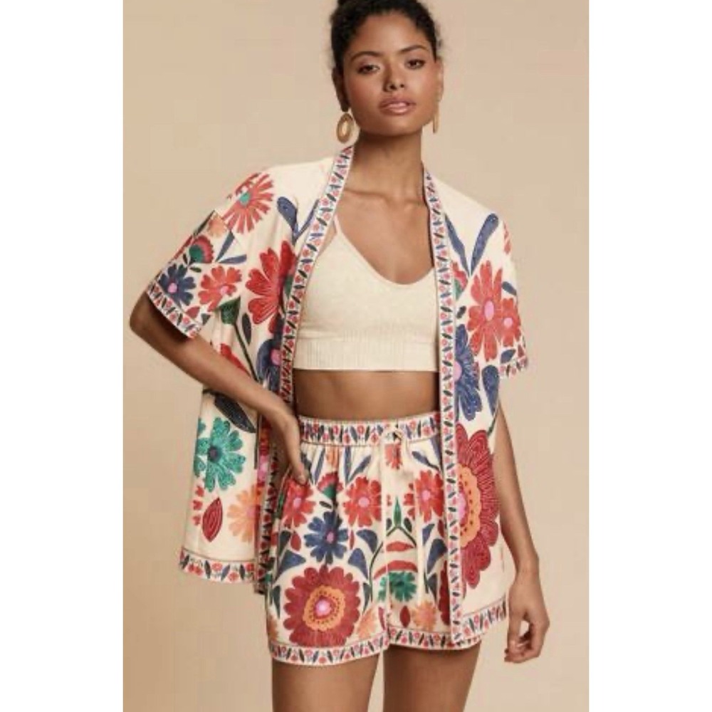 Travachic Shein 2 Piece Shorts Set Sz M Open Front Top Duster Boho Hippie Gypsy